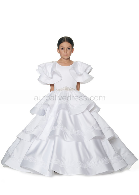 Beaded White Lace Satin Layered Flower Girl Dress